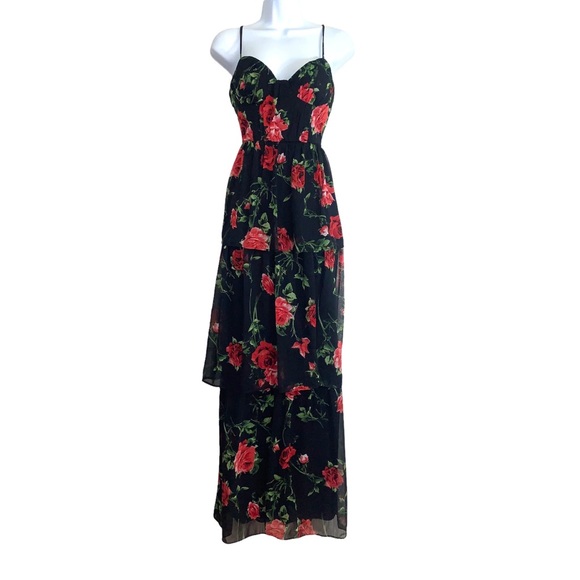 Crystal Dolls Maxi Dress Floral Tiered Black Red - Picture 12 of 12